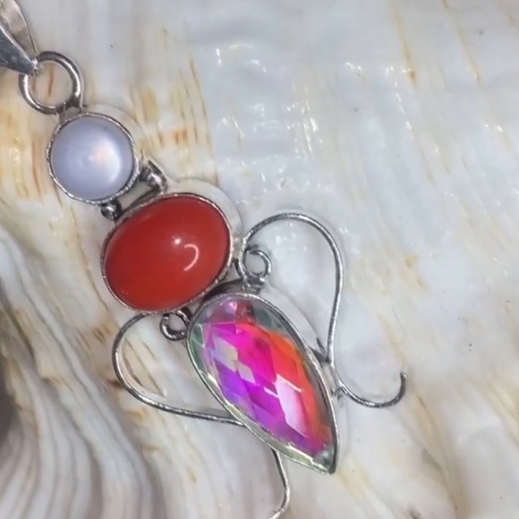 Red Coral + Biwa Pearl + Rainbow Mystic Topaz handcrafted pendant - Picture 9 of 9